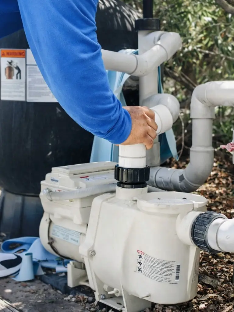 Technician working on the plumbing of a residential pool pump